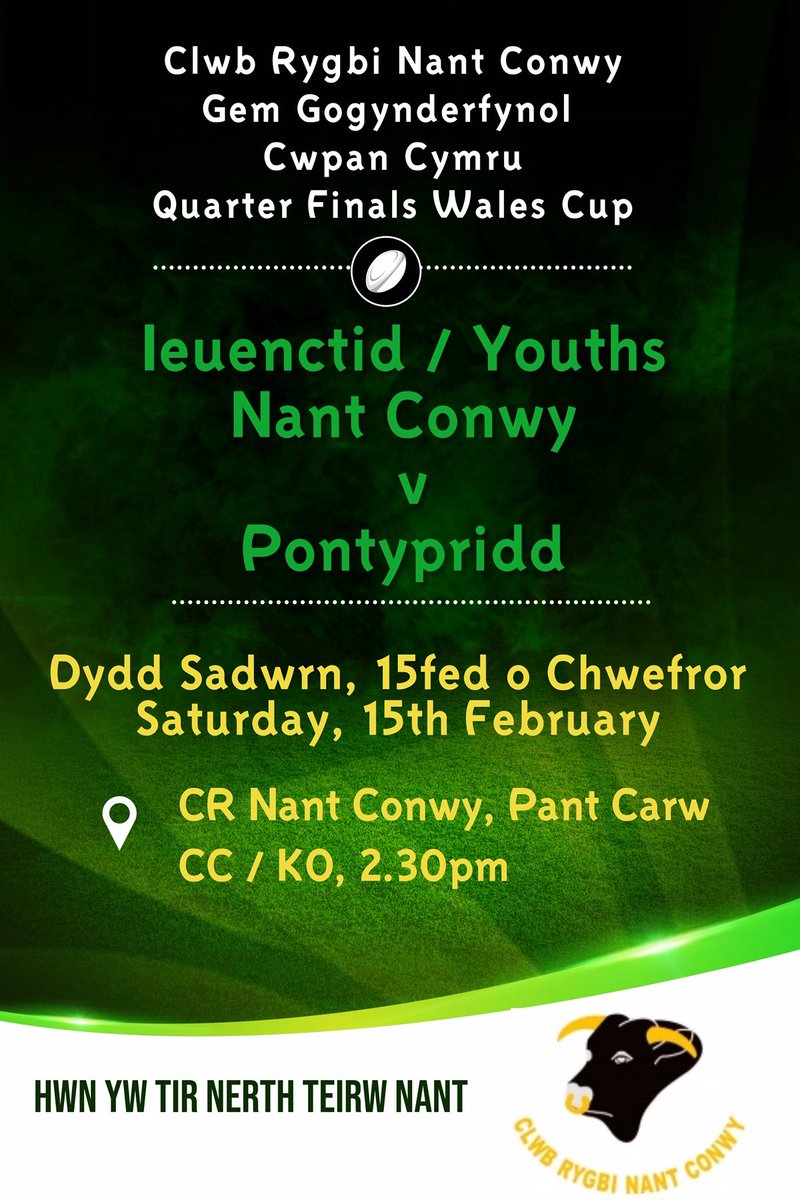 Adran Iau Nant Conwy (@iaunant) on Twitter photo Dewch i gefnogi Ieuenctid <a href="/CRNantConwy/">CR Nant Conwy</a> Dydd Sadwrn YMA am 2.30y.h.
Come and support our Youth Team, this Saturday at 2.30pm Dewch i gefnogi Ieuenctid <a href="/CRNantConwy/">CR Nant Conwy</a> Dydd Sadwrn YMA am 2.30y.h.
Come and support our Youth Team, this Saturday at 2.30pm