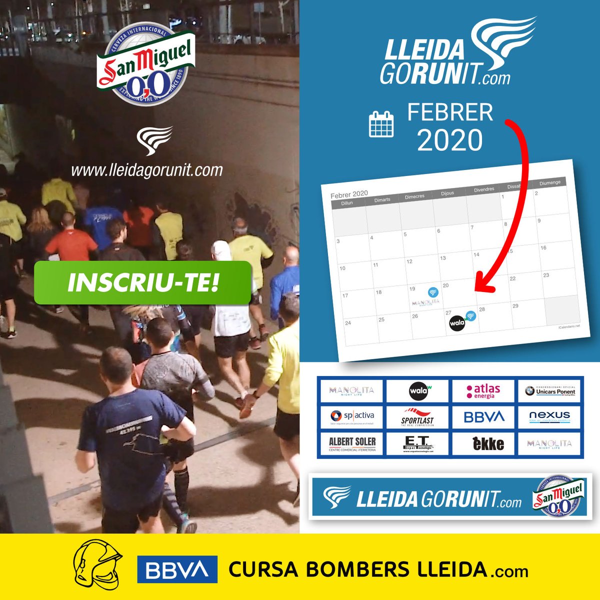 19 de Febrer primer entrenament del Lleida Go Run It.
INSCRIU-TE JA!
lleidagorunit.com
Vinga som-hi!

<a href="/SanMiguel/">Cervezas San Miguel</a> <a href="/bbva/">BBVA</a> <a href="/spactiva/">sp|activa Prevención de riesgos laborales</a> @walaesports <a href="/ATLASenergia/">ATLAS Energia</a> @CocacolaEP_es <a href="/CocaColaCo_es/">Coca-Cola Comunica</a> @CcepJordi <a href="/BMW__UNICARS/">BMW Unicars Ponent</a> <a href="/Sportlast/">Sportlast</a> <a href="/nexuslleida/">Clínica Nexus</a> <a href="/ekkelleida/">ekke</a> <a href="/salamanolita/">Manolita Night Life</a> <a href="/FAlbertSoler/">Ferreteria Albert Soler</a>