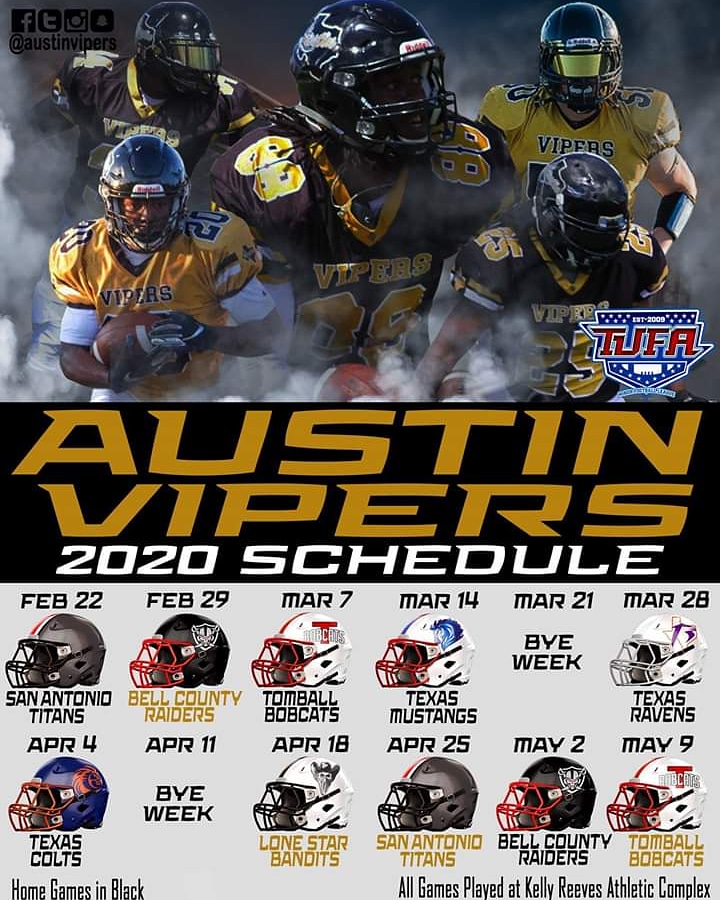 AustinVipers's tweet photo. Hey Vipernation! We had 3 games that we lost our oppoents, but were able to get those dates filled. See you all Feb 22nd vs the San Antonio Titans for Game 1, make sure you grab your tickets! #vipernation #blackandgold #winforsamsami #48reasons #tufa #newleague #sameenergy 🏈🐍 https://t.co/ZXA1aQ0fls