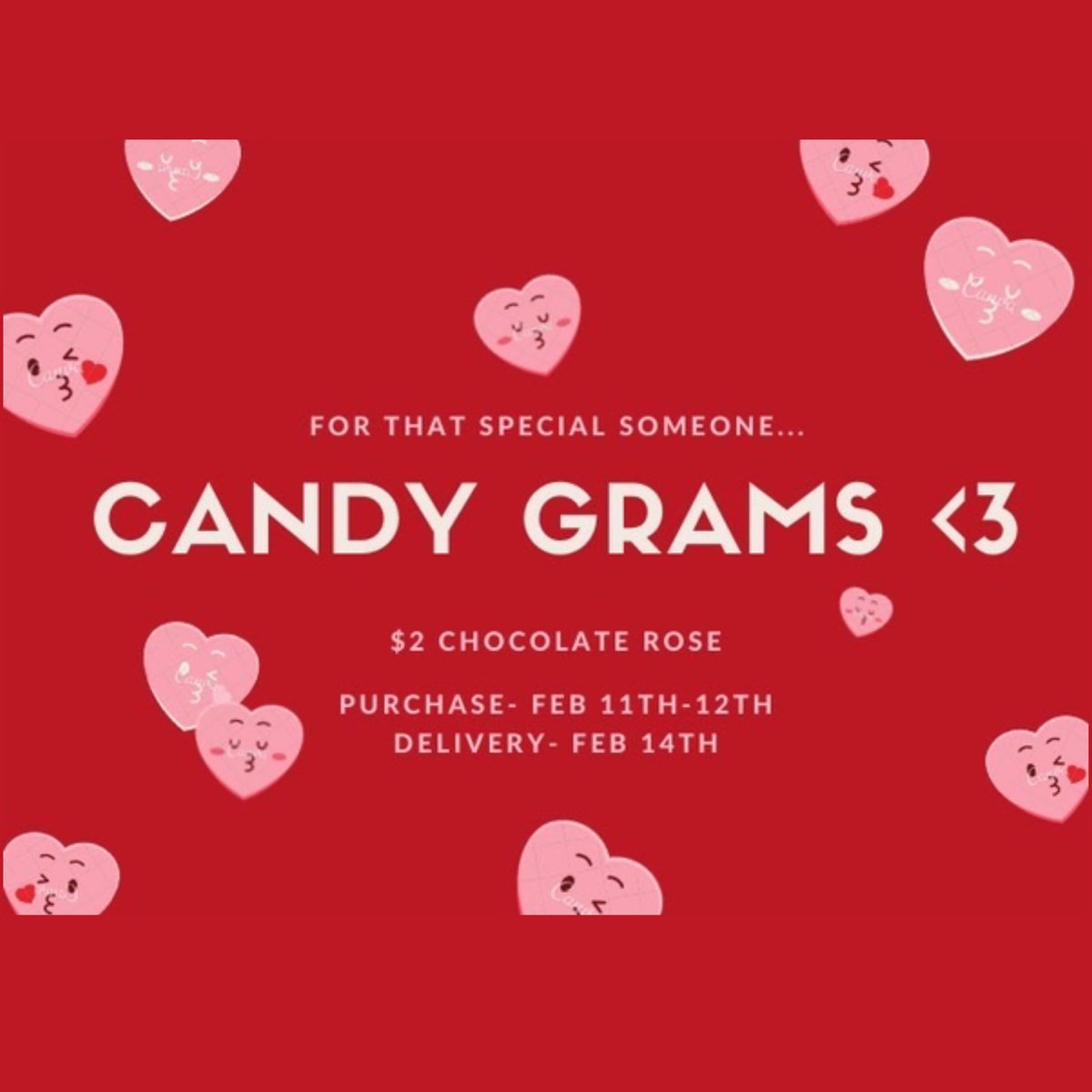Hey HB! This year’s Valentine’s Day event is......    CANDY GRAMS 🌹💘💗Come to caf February 11-12 to buy a chocolate rose for that special someone❤️. It will be delivered to their first period class on Friday so make sure you have the room number ready :)
