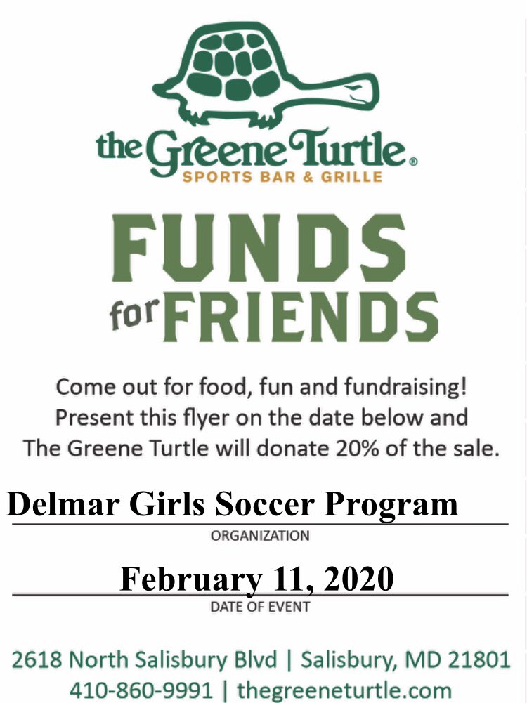 MsParsons7's tweet photo. Come support our girls tomorrow anytime carry out and dine in at the Salisbury Greene Turtle! Let me know if you need a hard copy flyer! @DelmarHS_Bleile @DelmarSuper @Principal_DMS https://t.co/SeO8HrBOWO