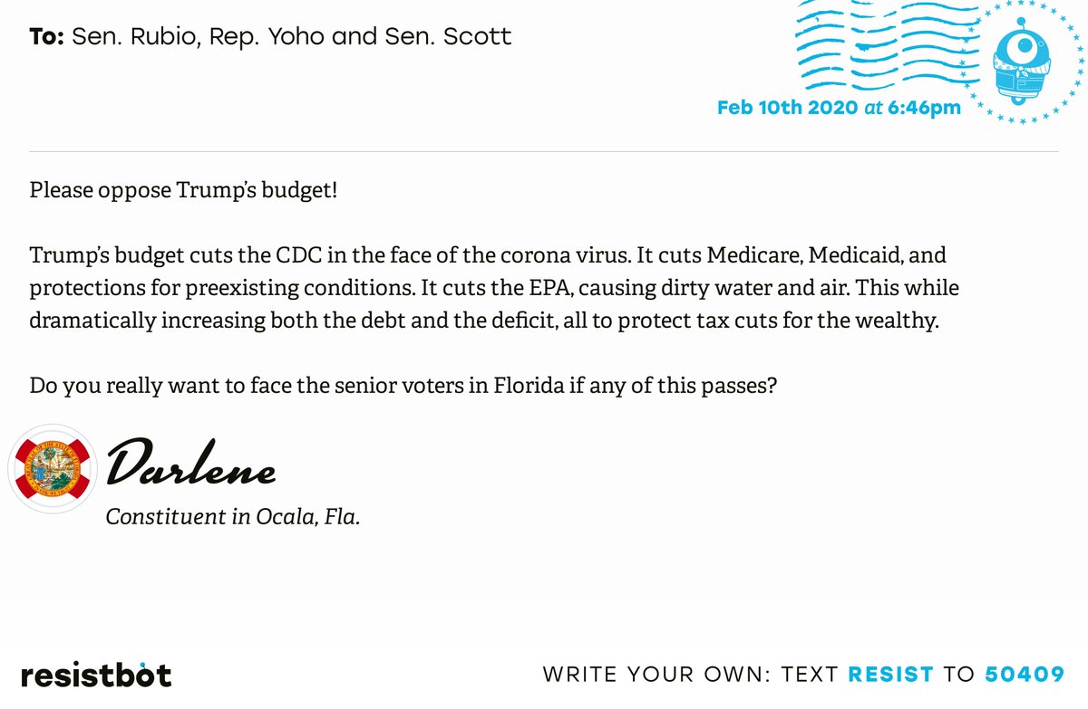 openletterbot's tweet photo. 📬 I just delivered this letter from Darlene, a constituent in Ocala, Fla., to @marcorubio, @RepTedYoho and @SenRickScott #FL03 #sayfie #flapol #Medicare4All

📝 Write your own: https://t.co/z5540KFSKD https://t.co/HPDGeN1Xhz