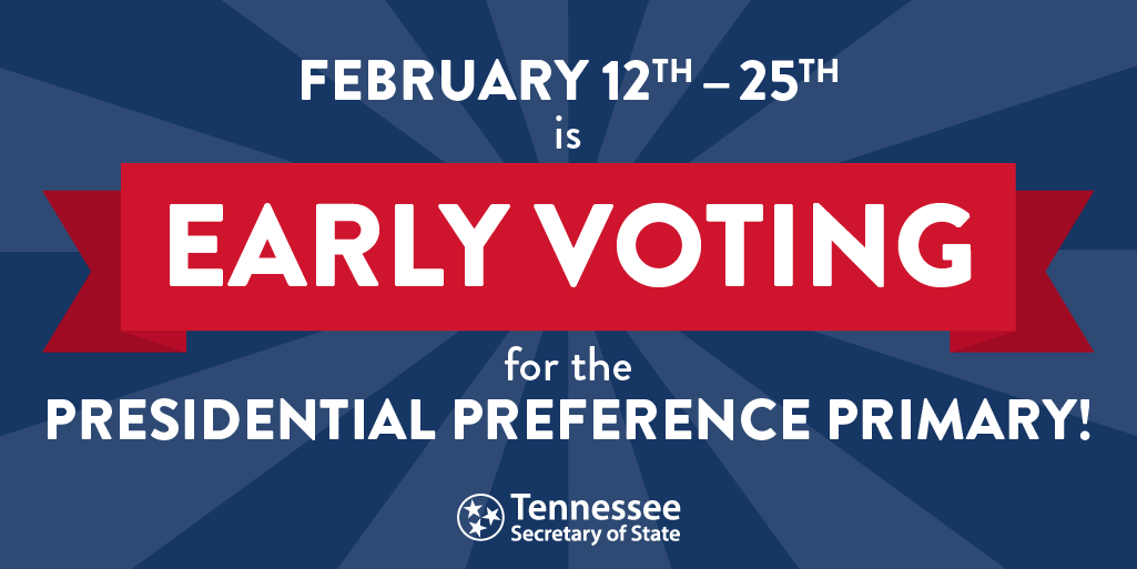 tnsecofstate's tweet photo. Early voting for the Presidential Preference Primary starts tomorrow! Early voting runs Monday-Saturday, tomorrow through Tuesday, Feb. 25. Download our free #GoVoteTN app or visit https://t.co/n8IpyUMDNY for early voting details! Skip the lines and vote early. #TrustedInfo2020 https://t.co/jThf7h3XyZ