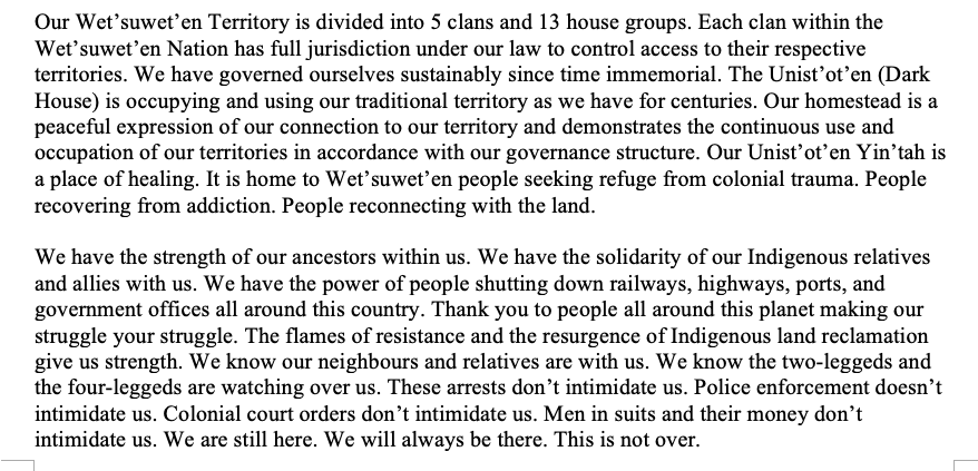 RT: STATEMENT from @UnistotenCamp -

Armed RCMP invaded sovereign Unist’ot’en Territory today to enforce CGL injunction. Seven arrests incl Unist'ot'en Matriarchs Freda Huson (Chief Howihkat), Brenda Michell (Chief Geltiy), Dr. Karla Taiit.

#wetsuwentenstrong #Wetsuweten