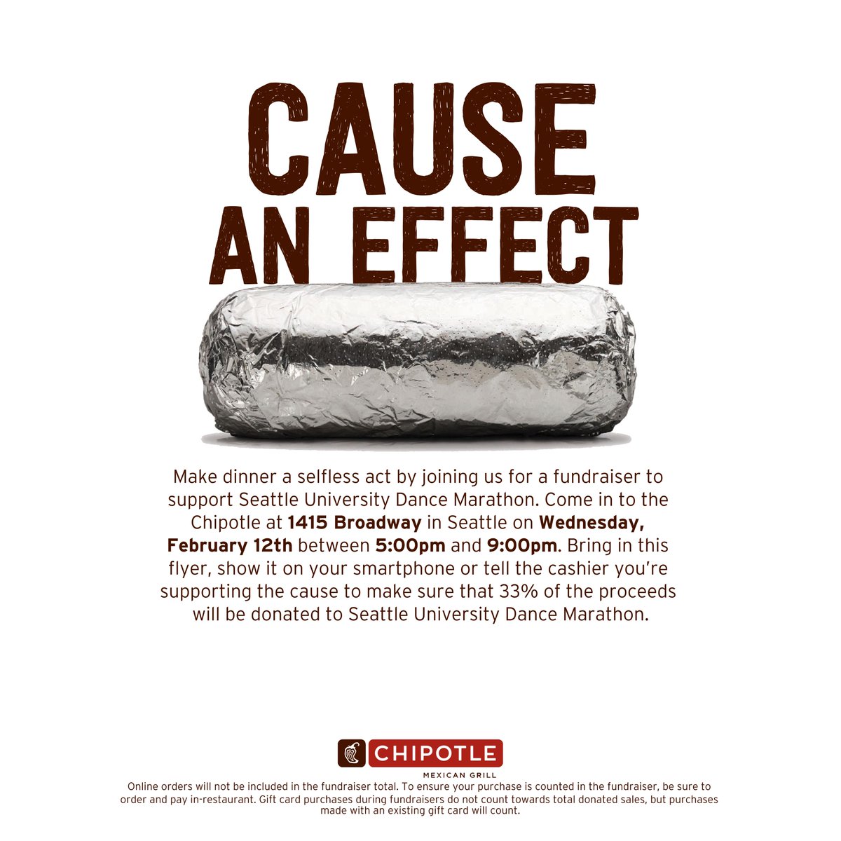 SeattleuDM's tweet image. Night out with friends? Need a midterm break? Stop by Chipotle Mexican Grill on Broadway on Wednesday, Feb 12th, from 5-9 to support DM and raise funds for #ForTheKids! Screenshot this flyer to show the cashier!