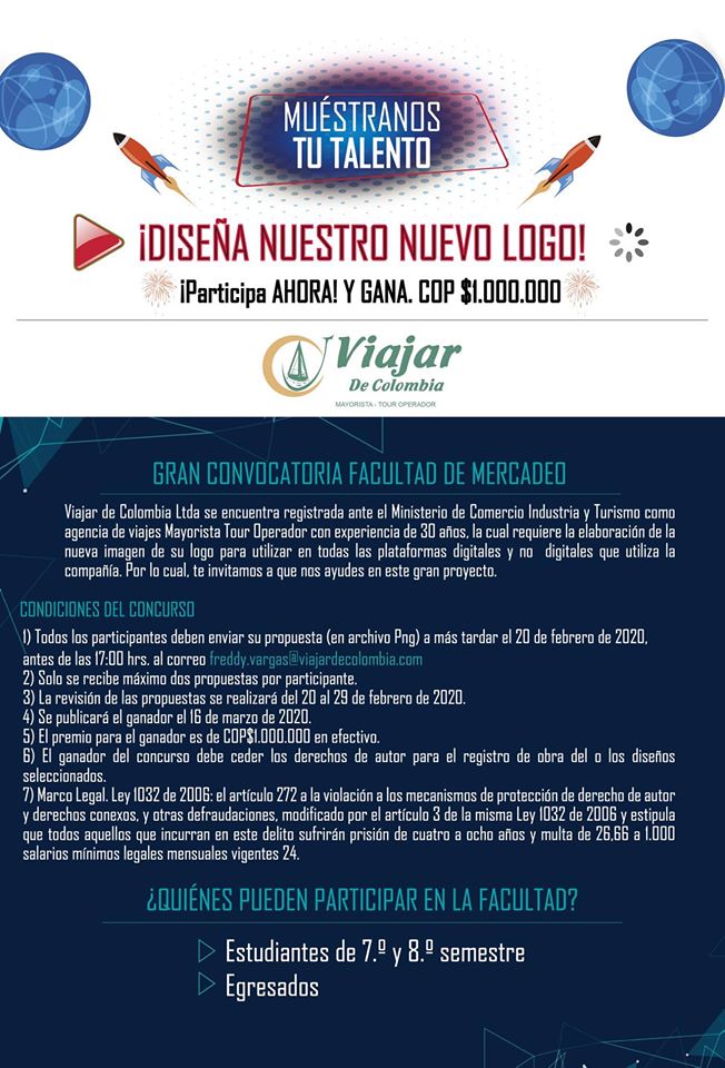 EgresadosUsta's tweet photo. Los invitamos a participar en esta Convocatoria de cambio de Logo de la Agencia de Viajes "Viajar de Colombia", el premio es de un millón de pesos!!!!

#concurso #felizlunes
#OrgullosamenteTomasinos https://t.co/XDhAKE6Gtv