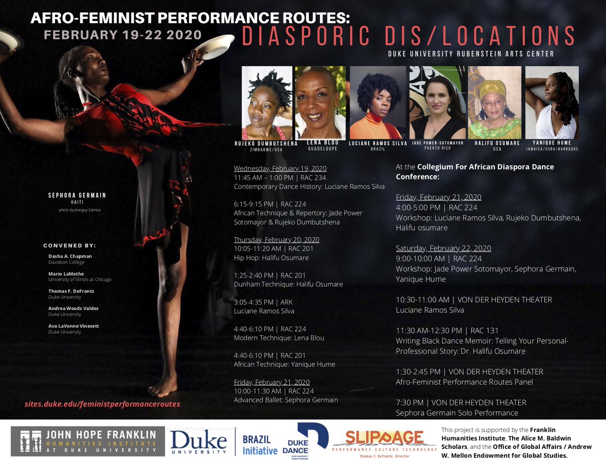 Don't forget to attend Afro-Feminist Performance Routes: Diasporic Dis/Locations on February 19-22 at the Rubenstein Arts Center. For more info &amp; to view the schedule of events: bit.ly/37B7vVG 
<a href="/DukeTrinity/">Trinity College at Duke</a> <a href="/DukeAAAS/">Global Black Studies at Duke</a>