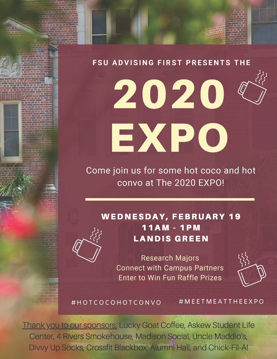 FSUCriminology's tweet photo. Make plans to attend the FSU Advising First 2020 EXPO!

Wednesday, Feb. 19. | 11am – 1pm | Landis Green 

The Expo provides undergraduate students an opportunity to interact with departments, campus partners, and other resources. https://t.co/MJE2LzC5qU