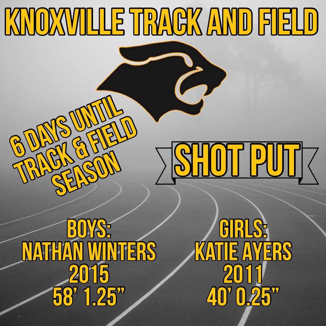 Mr_Splavec's tweet photo. 6 DAYS AWAY!
The 1st field event at a track meet, the Shot Put. The Boys record was set in 2015 by Nathan Winters with a throw of 58' 1.25". The Girls record was set in 2011 by Katie Ayers with a throw of 40' 0.25".

#KCSDPride #IChooseKnoxville #iahstrk https://t.co/RzC8Mpxffy