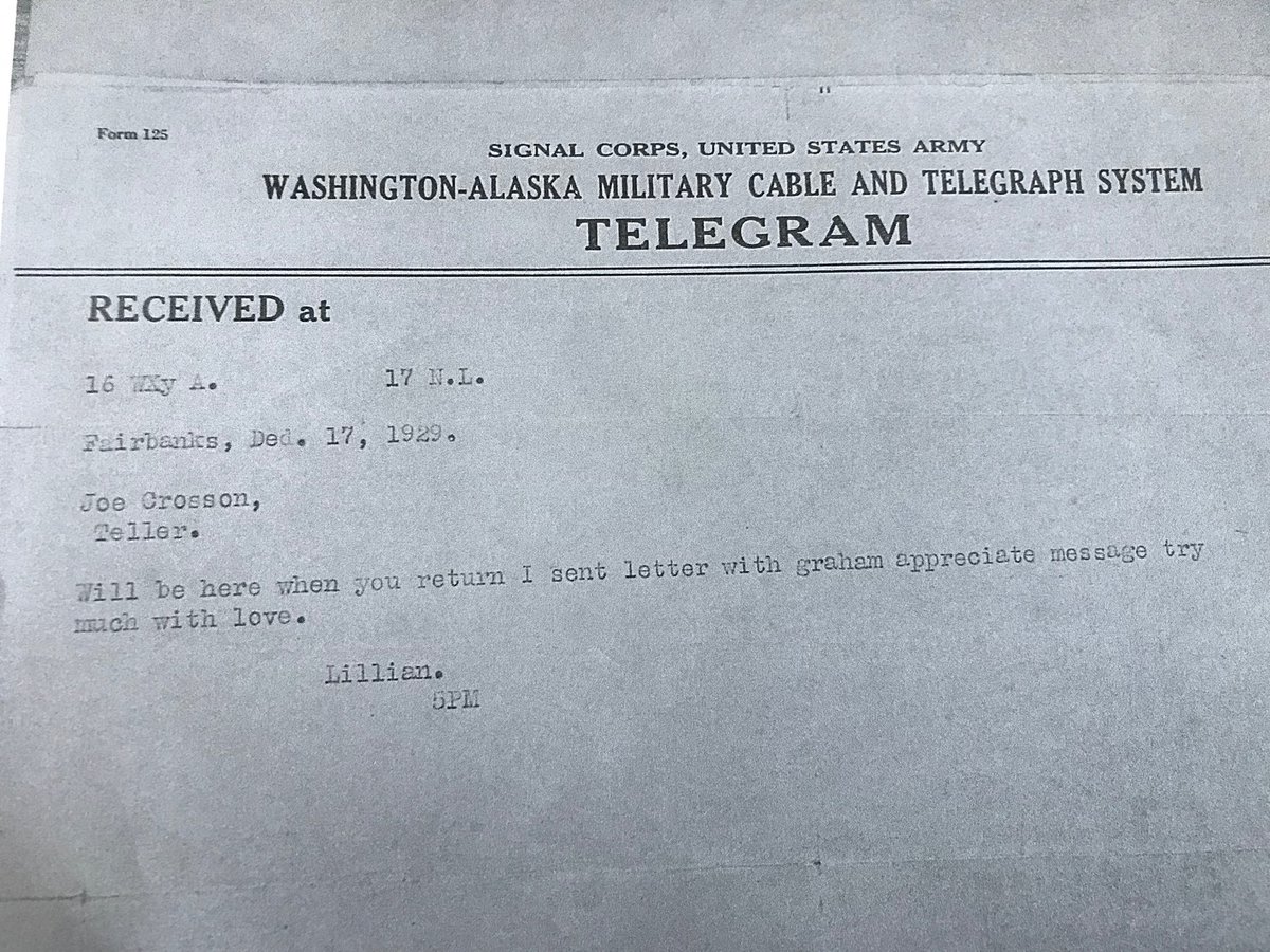 After Eielson and Borland were reported overdue by the Nanuk, Eielson's best friend, Joe Crosson, formed a search. It was delayed by weather off of Nome. On Dec 17 he was in nearby Teller when his wife, Lillian, sent a telegram. She had no idea when she would see him again /3