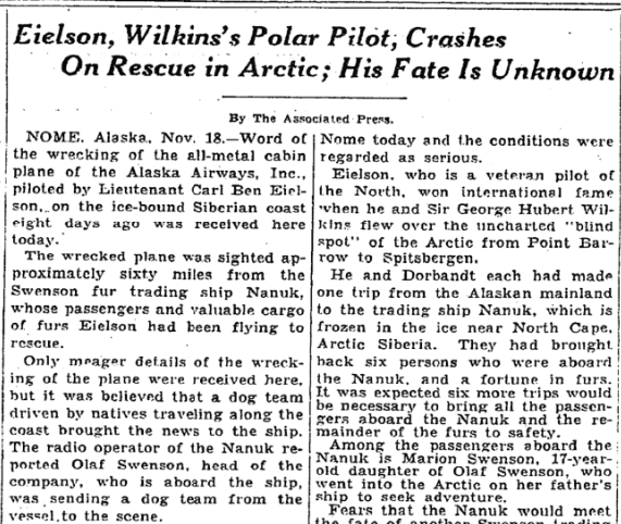 Meanwhile, the story of Eielson & Borland's disappearance was making national news, along with the erroneous belief that they were on a rescue mission. (from the NYT) /4