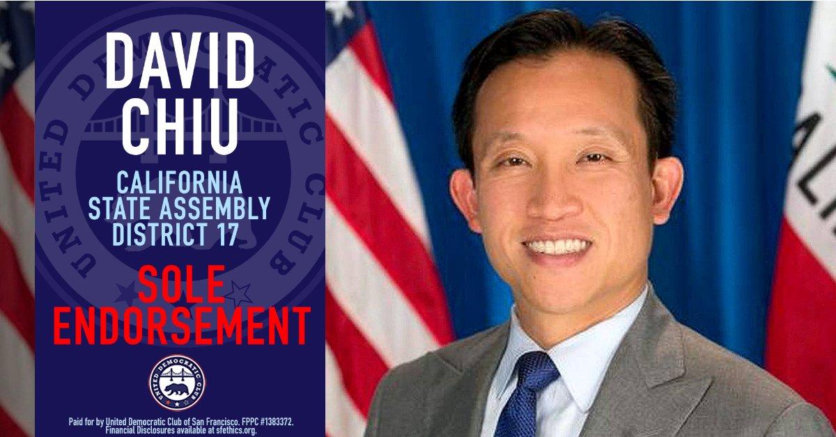 uniteddemclubsf's tweet photo. 1/ We're proud to endorse @DavidChiu for re-election to the California State Assembly, District 17. #ChiuCrew https://t.co/0xFPizTWrs