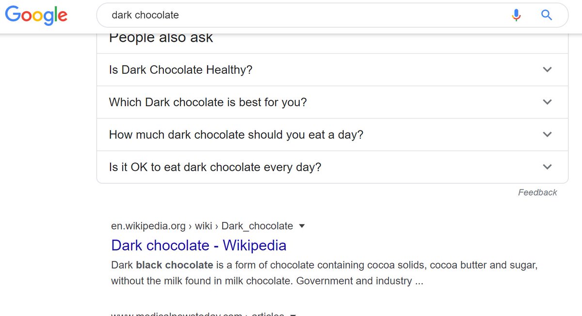 91. SEO side-topic:Incidentally, Wikipedia rank 2nd in Google for 'Dark Chocolate'. Wikipedia make all of their data publicly available, so you can get a rough idea of how much traffic you'd get if you ranked highly for that term - sometimes useful. 