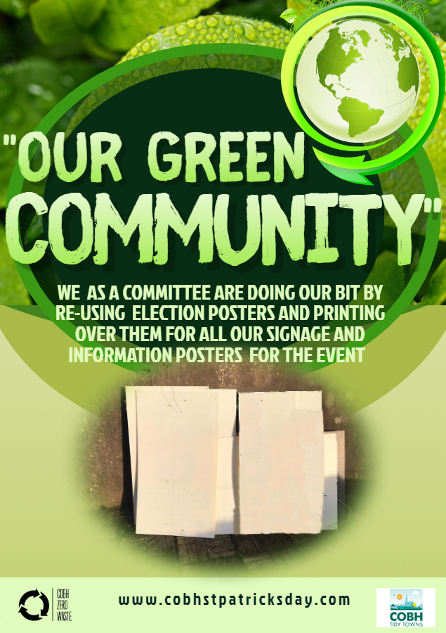 CobhSt's tweet photo. OUR GREEN COMMUNITY "
is our theme this year so what better way to make our signage for Cobh St Patricks Day Festival 2020
@CobhTidy @cobhzerowaste 
@CobhCreditUnion
 @CobhTourism https://t.co/M9Q5g6GC8v