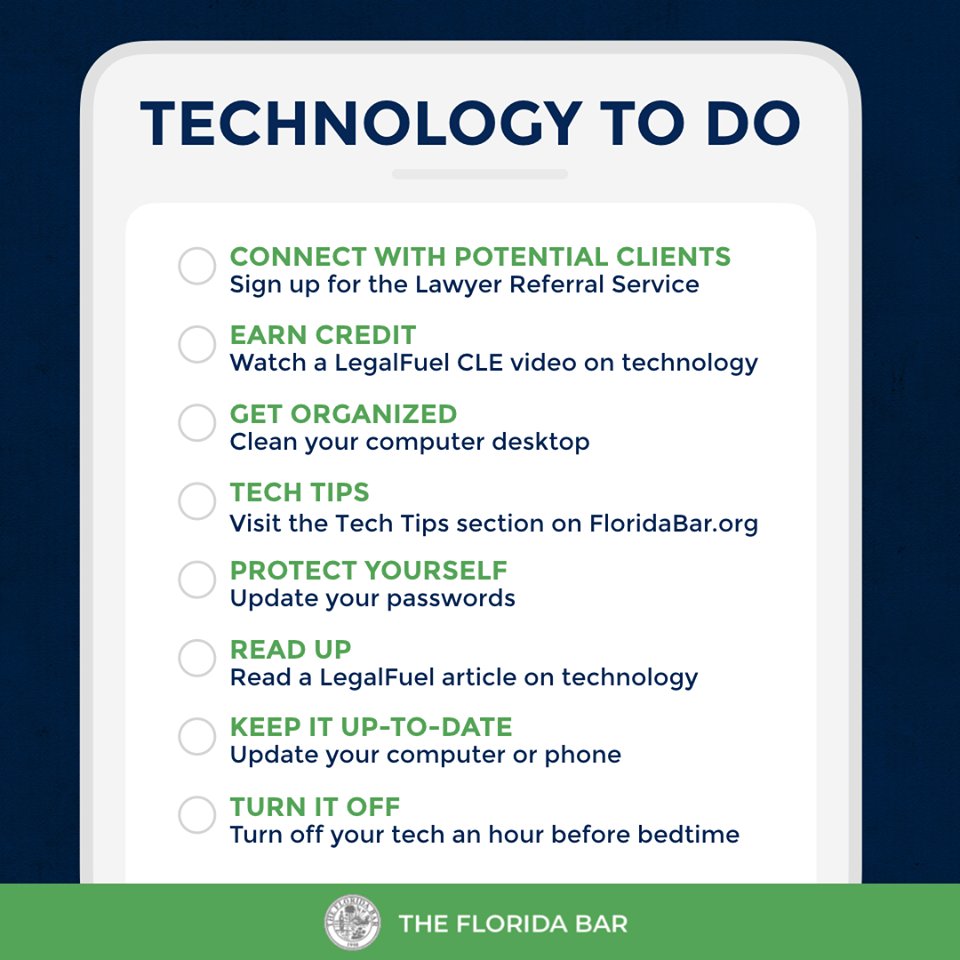 TheFlaBar's tweet photo. Are you using technology to its full potential? #LegalTech is a BIG priority of @FLBarPresident @THE_johnstewart & our @LegalFuel_FL program!
Now you can with our helpful “Technology To Do” checklist! Which tasks have you already completed during #TechnologyMonth?
1/ https://t.co/E20mw6aNbW