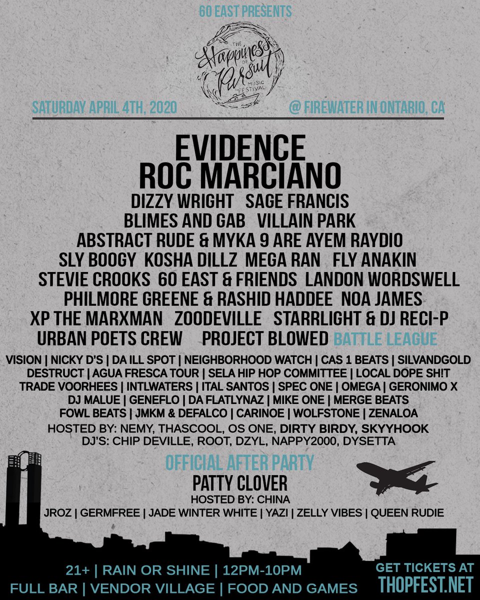 THOPFest's tweet image. Here is the lineup to our 5th Annual #THOPFest. RT for a chance to win 4 FREE TIX. Tix on sale now! ☂️

@Evidence
@rocmarci
@DizzyWright
@SageFrancis
@BlimesAndGab
@VillainPark
@abstractrude
@myka9
@koshadillz
@MegaRan
@flyanakin
@60east909
@NoaJames

Tix: thopfest.net