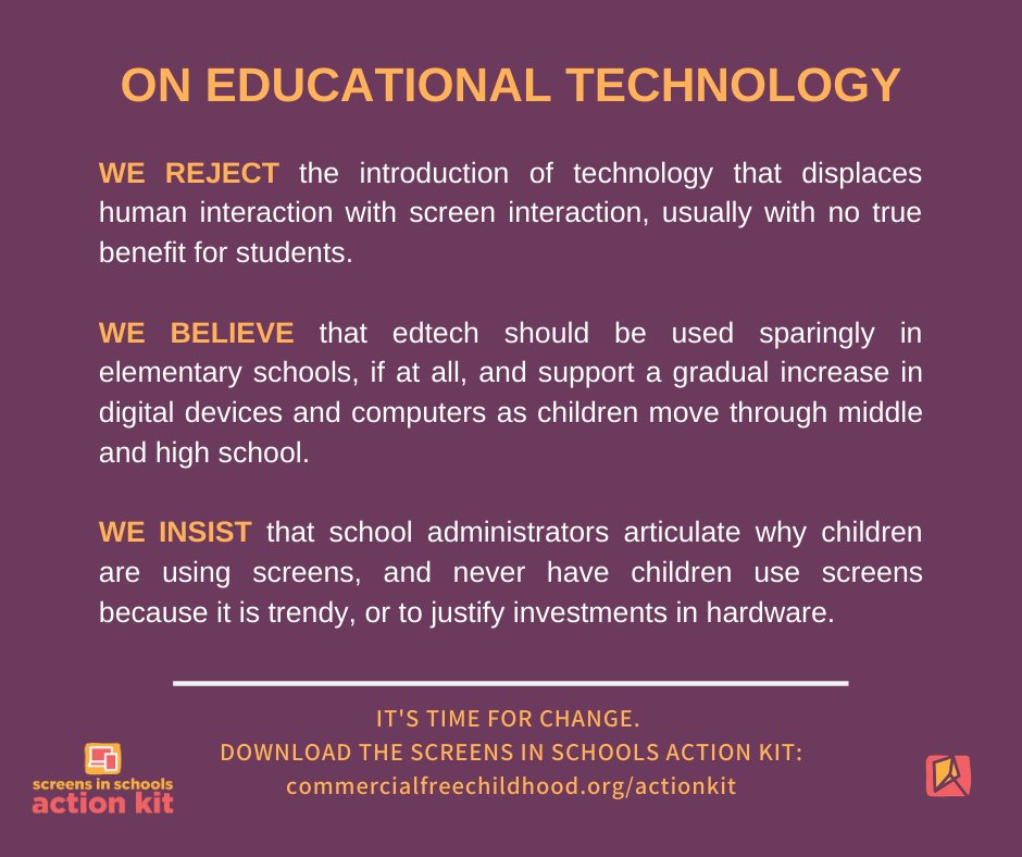 lauranbowman's tweet photo. Kids deserve an education shaped by teachers, not edtech companies – that’s why our friends @commercialfree released the Screens in Schools Action Kit, a guide to organizing against edtech by parents and educators, for parents and educators. Learn more at https://t.co/UaIlL3MUoE https://t.co/Su33h4e4nr