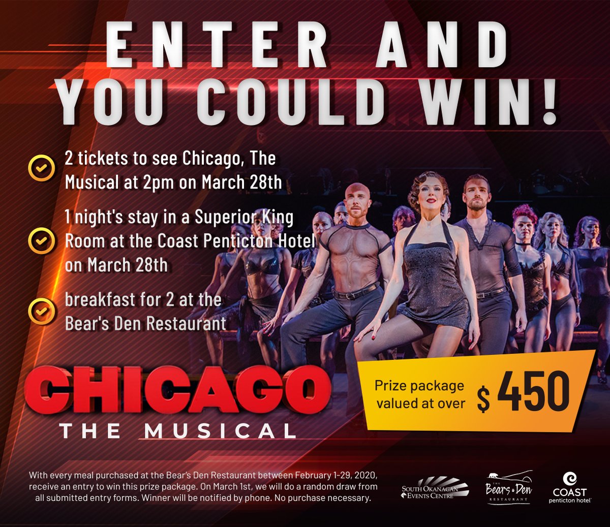 CoastPenticton's tweet photo. CONTEST! With every meal purchased at the Bear's Den Restaurant until Feb 29, 2020, get an entry for your chance to win 2 tickets to see Chicago, the Musical on March 28 at the @SOEC. Then enjoy a night's stay at the Coast Penticton Hotel and breakfast for 2 at the Bear's Den. https://t.co/QZGLKCu1o5