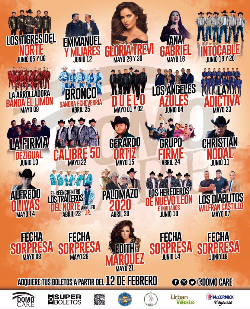 🚨 ¡La espera terminó! 🚨

Te compartimos el elenco para este 2020 en el Domo Care. 🎶🤠💃

Adquiere tus boletos a partir del miércoles 12 de febrero en punto de las 10:00 am en Innova Sport, Palacio de Hierro, en taquillas de la Arena Monterrey y Domo Care. 

#DomoCare2020