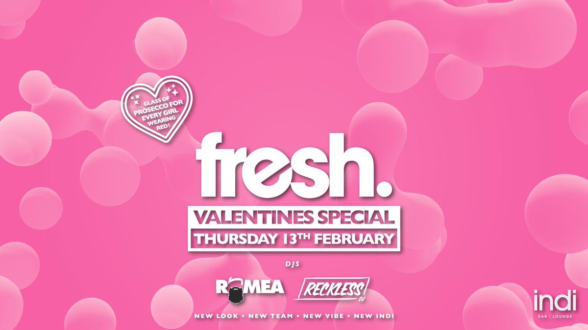 _freshthursday's tweet photo. Fresh - Valentines Special - Indi Bar
.
For free entry guest list simply text fresh + full names to 07450227015 now.

Glass of Prosecco for girls wearing red.

Drink promos all night inc £1 Jäger, £2 spirits &amp; mixer, £3 double spirit &amp; mixer, £8 bottles of wine. https://t.co/Q9YK7HpANu