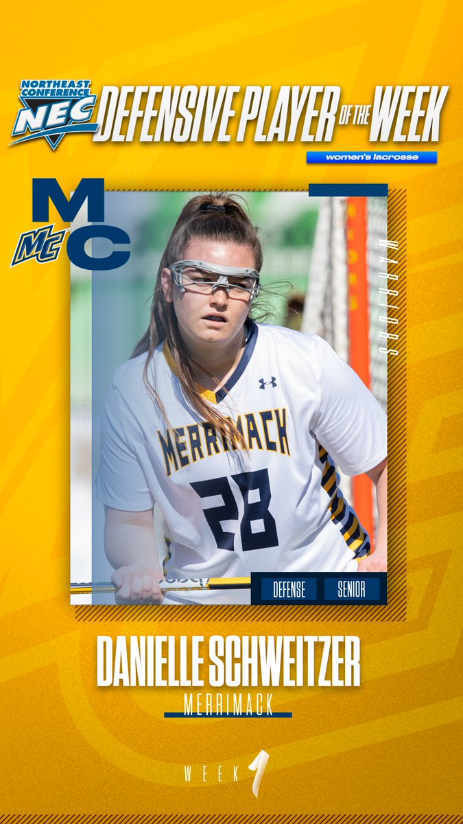 necwlax's tweet photo. 🏅 Official @NECsports Defensive Player of the Week    

👉Danielle Schweitzer, @MC_Athletics 

🗒️Schweitzer paced the Warriors' defense with 4⃣ ground balls and 4⃣ caused turnovers in their DI debut. Her four turnovers match her career high 🔥

#NECPrimePerformer #Week1 https://t.co/3R5QDPakyp