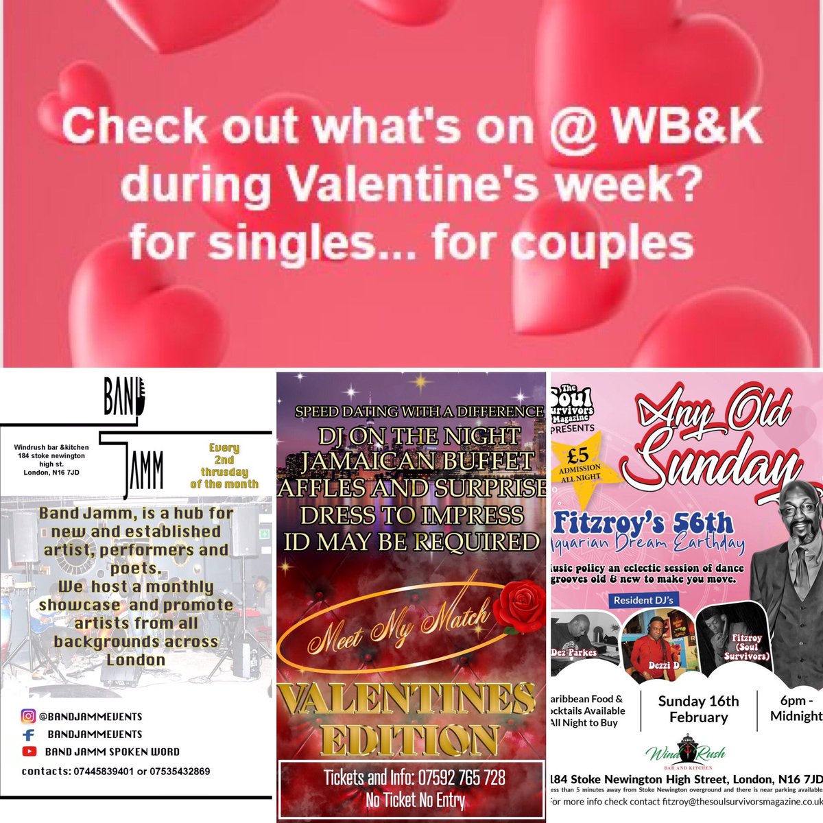 WindrushBar's tweet image. What a wk of events we have for 💕#Valentines wk... 💕13th.. #LOVEJamm - live music, singing, poetry... 💕14th.. MEET MY MATCH... #speeddating with a diff followed by our Friday club night... 💕16th...ANY OLD SUNDAY.. eclectic, foot tapping sounds.all with a great #Caribbeanmenu.