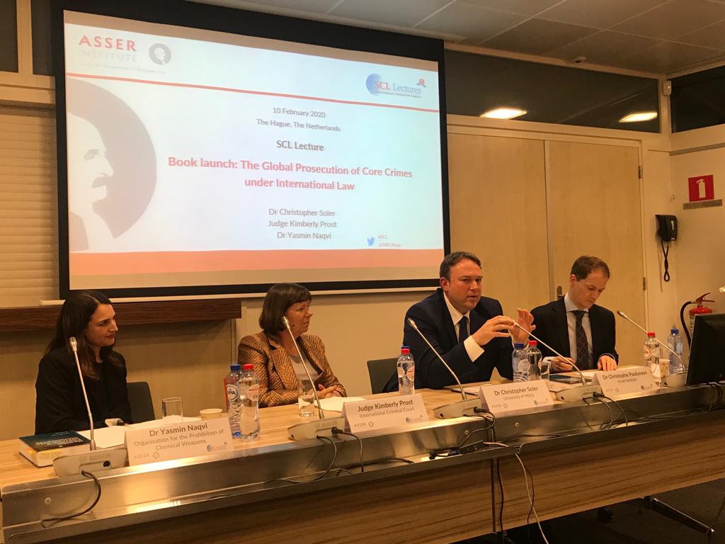 TMCAsser's tweet photo. Comprehensive insights during tonight's panel discussion and #booklaunch of ‘The Global Prosecution of "#CoreCrimes under #InternationalLaw’ with Dr Christopher Soler of @UMmalta, Judge Kimberly Prost of @IntlCrimCourt, &amp; Dr Yasmin Naqvi of @OPCW https://t.co/RlY3stUSHb