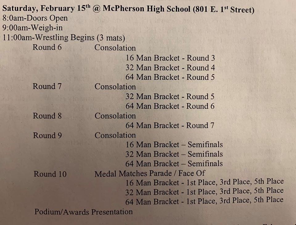 Girls Information for Regionals 

1. We wrestle at McPherson college on Friday and MAC high school on Saturday.
2. You will weigh in in your singlet for this tournament and get 4 lbs allowance, so 101lbs can weigh 105lbs.
3. Girls will not travel to Andover on Thursday
