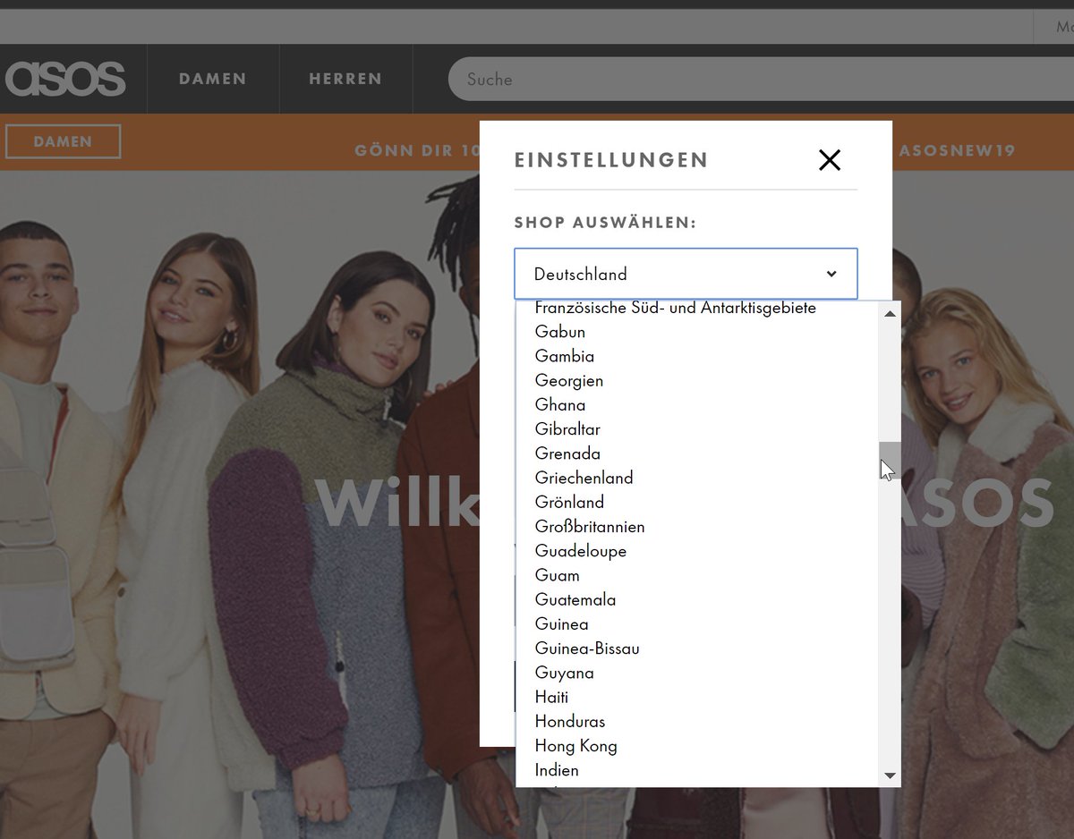 96. Homepage UX.If you *do* serve lots of markets, it's worth spending time on your country selector. Eg, here's the German region 'Change country' dropdown on ASOS. The UK is under 'Grossbritanien', which makes sense if you speak German, but most would be looking for 'UK'.