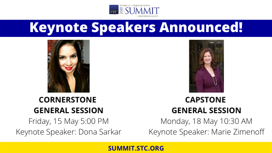 STC_Summit's tweet image. We&apos;re thrilled to announce the keynote speakers for #stc20, @donasarkar and Marie Zimenoff (@workwithpurpose)! Click here to learn more about these impressive individuals and stay tuned for details about their programs: ow.ly/KS0650yiGjP #techcomm