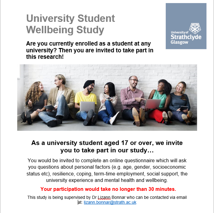 BethJMartin_'s tweet photo. Still looking for UK students to participate in an online questionnaire study on wellbeing and mental health.  For more information or to take part visit: https://t.co/Ml0TAPnlZs 

Please RT! @BPSStudent @BPSScot @BPSOfficial 
@AcademicChatter @StrathRDP @StrathRG @HaSSGradSchool https://t.co/4TIfke0NdF