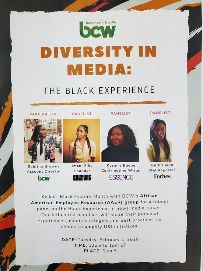 PRCouncil's tweet photo. Next up in our #BlackHistoryMonth Spotlight, @BCWGlobal hosted a panel on the Black Experience in news media today. Panelists shared their personal experiences, media strategies and best practices for clients to amplify #diversity &amp; #inclusion initiatives. #PR #bhm #bhm2020 https://t.co/lNVhfbRcCt