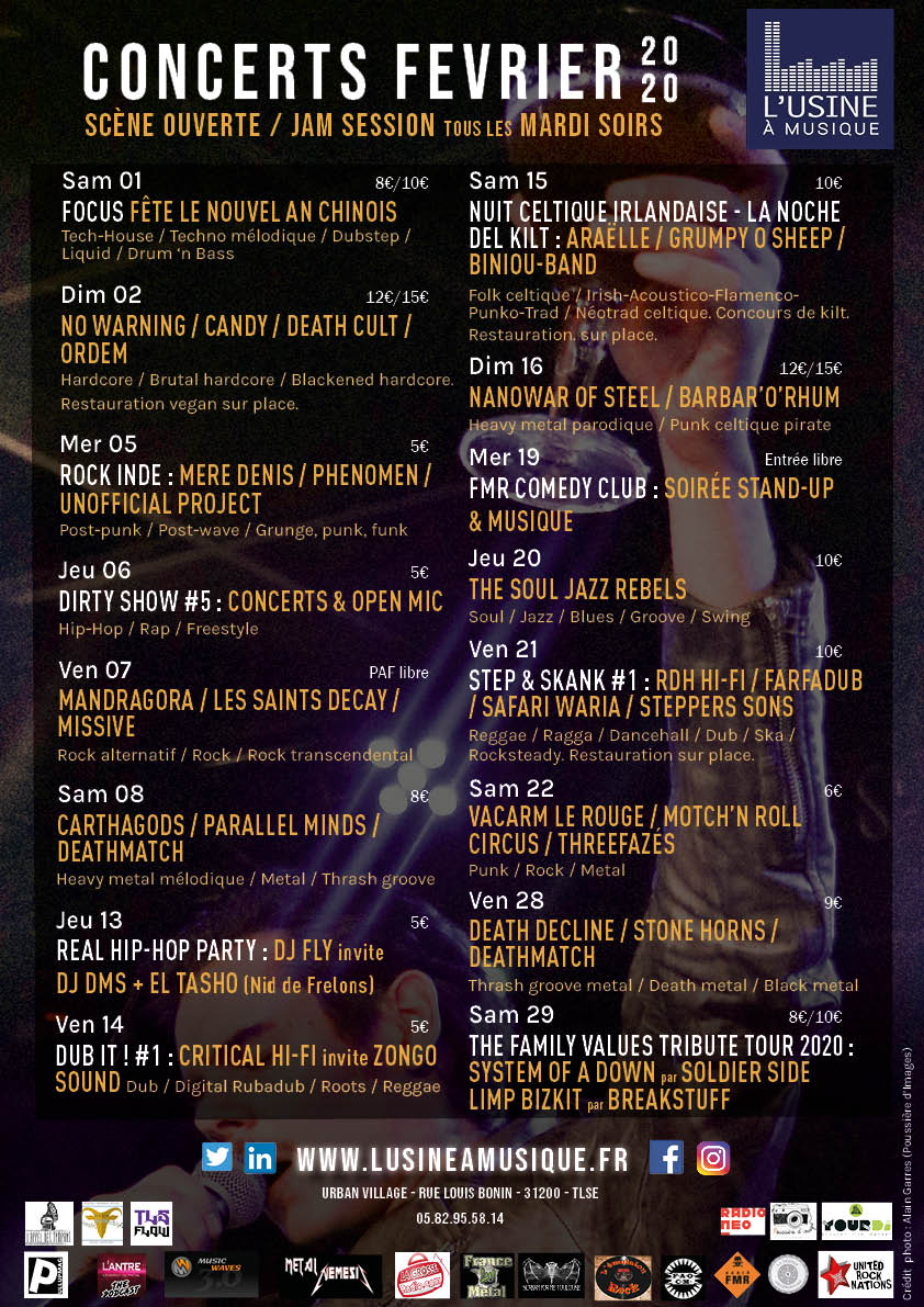 Programmation de février !
#concert #Toulouse #sortir #danser #rock #punkrock #metal #Reggae #dub #soundsystem #technomusic #hiphop #OpenMic #scèneouverte #jamsession #Jazz #hautegaronne