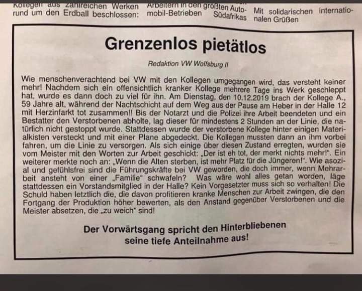 arbeitsunrecht's tweet photo. Unser Beileid geht an Angehörige, Freundinnen und Freunde! 

#VW menschenverachtend

Niemand belohnt Euch, wenn Ihr für den Job Eure Gesundheit kaputt macht. Wenn Ihr nicht mehr ausgenutzt werden könnt, seid Ihr für Konzerne nichts mehr wert. https://t.co/CmDzA9OytF