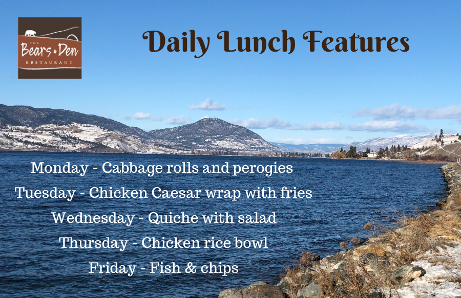 CoastPenticton's tweet photo. Here are the daily lunch features for this week at the Bear's Den, our onsite restaurant. When you purchase a meal at the Bear's Den in February, you'll get a chance to win our contest with 2 tickets to see Chicago at the @SOEC. #Penticton #BearsDen #breakfast #lunch #contest https://t.co/GkBkRGJZdn