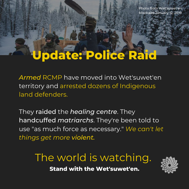 CanadianGreens's tweet photo. What’s happening on Wet'suwet'en land is appalling and illegal. Mass arrests, broken treaties, Supreme Court violations. How far will Canada go to force a polluting pipeline through unceded land? https://t.co/IFhz68iQjk