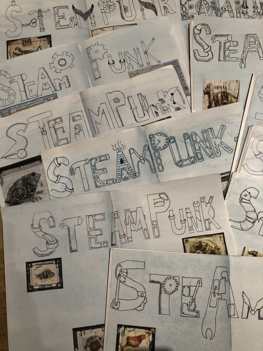 BirkdaleHS_Art's tweet photo. Some more fabulous Steampunk title pages this time from 8TC #steampunk #creativeboys @BirkdaleHS https://t.co/VjNnHdoa6o