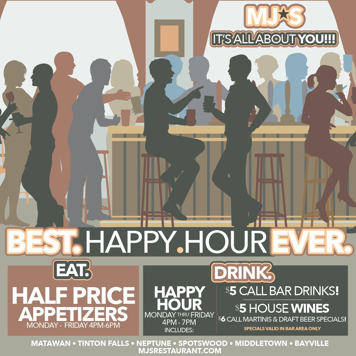 MJs_Restaurant's tweet photo. It's almost happy hour!!! Join us every Monday - Friday 4pm - 7pm at the bar for great drink specials and 4pm - 6pm for 1/2 price appetizers from our regular menu!! #itsfouroclocksomewhere @ all 6 locations!! https://t.co/SgC5mDGMn7