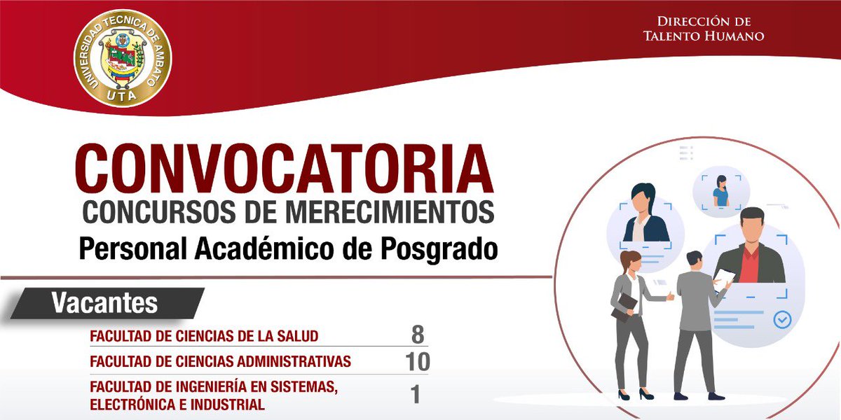 UTecnicaAmbato's tweet photo. [#Talento_Humano] 👔

📢 Convocatoria‼️ 

☝🏼Conoce nuestra oferta #laboral para personal docente de posgrado. 

📌Requisitos y más información ⤵️ 

🌐 https://t.co/IMIlJBmOmY

#YoSoyDeLaUTA https://t.co/rZ8vFcD4MW