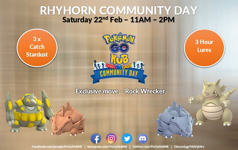 PoGONewcastle's tweet photo. Its almost here!!
RHYHORN COMMUNITY DAY
Feb 22nd 11AM - 2PM for us in the UK
#PoGoHubNE #PokemonGo https://t.co/elE4pr8ZIH