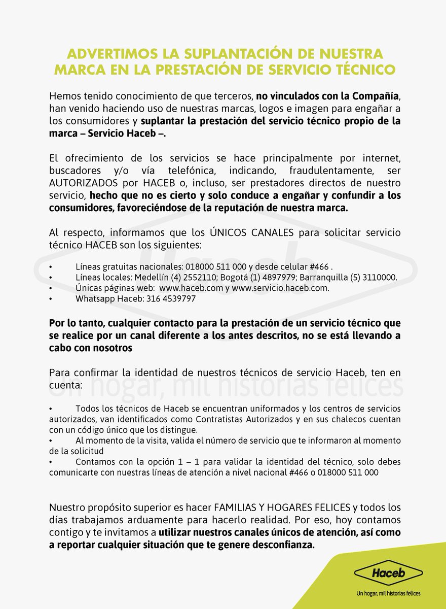 ¡No te dejes engañar! Están suplantando a nuestro personal de servicio técnico. Recuerda que para solicitar un servicio, debes hacerlo por los canales oficiales de la marca