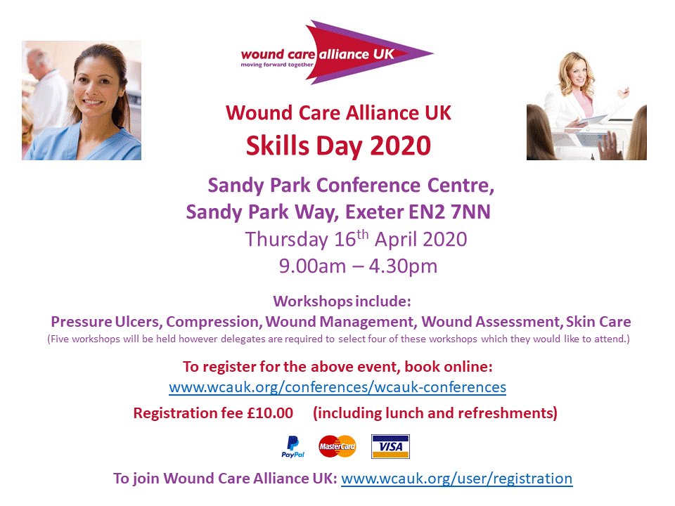infowcauk's tweet photo. Wound Care Alliance UK will be holding their '2020 Skills Day' at Sandy Park Conference Centre, Exeter on the 16th April 2020.  Cost to attend £10.00 which includes lunch and refreshments.  Book on line at https://t.co/747qs0JaIW . https://t.co/6nkljkzX1L
