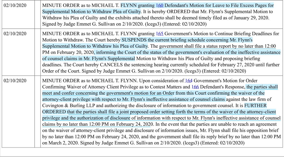 Minute Order Trifecta-Court granted Flynn’s request to file excessive pages-Court “suspends current briefing schedule”, directs Govt to file a status by 2/24 re Flynn’s ineffective counsel claim.-Court orders parties to meet & confer abt A/C privilege https://ecf.dcd.uscourts.gov/cgi-bin/DktRpt.pl?115273247949489-L_1_0-1