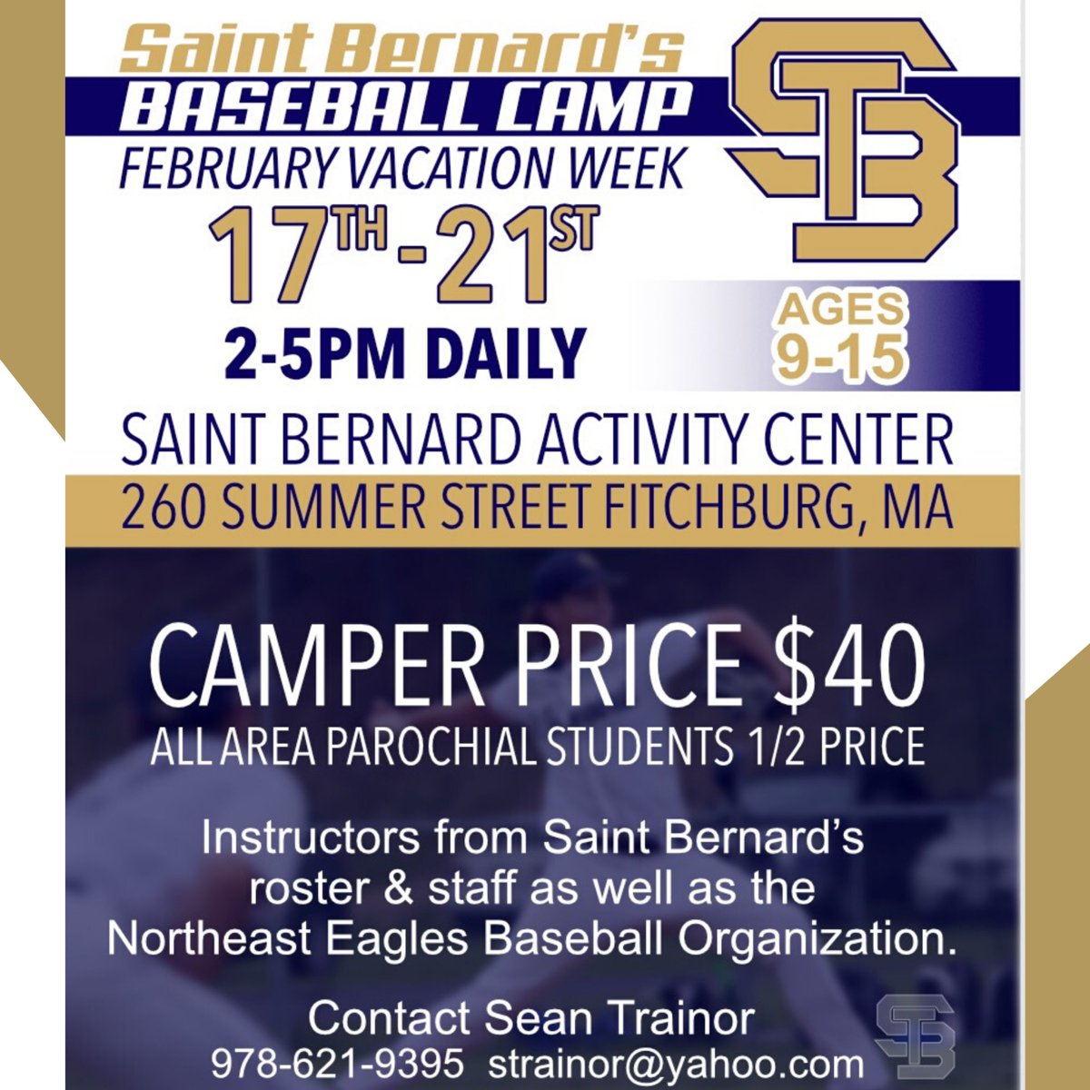 **Attention Baseball Players ages 9-15!**  Next week down at the Activity Center is a wonderful opportunity to get a jump on the season.  Please contact Sean Trainor strainor@yahoo.com for information.  #springtrainingstb #bernardian <a href="/stbfootball/">St. Bernard’s Football</a> <a href="/AthleticsStb/">STBAthletics</a> <a href="/stbernie1/">STB Elementary</a>