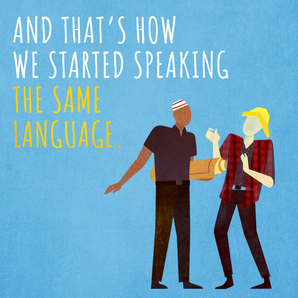 "And that's how we started talking the same language" on a blue background with two animated figures