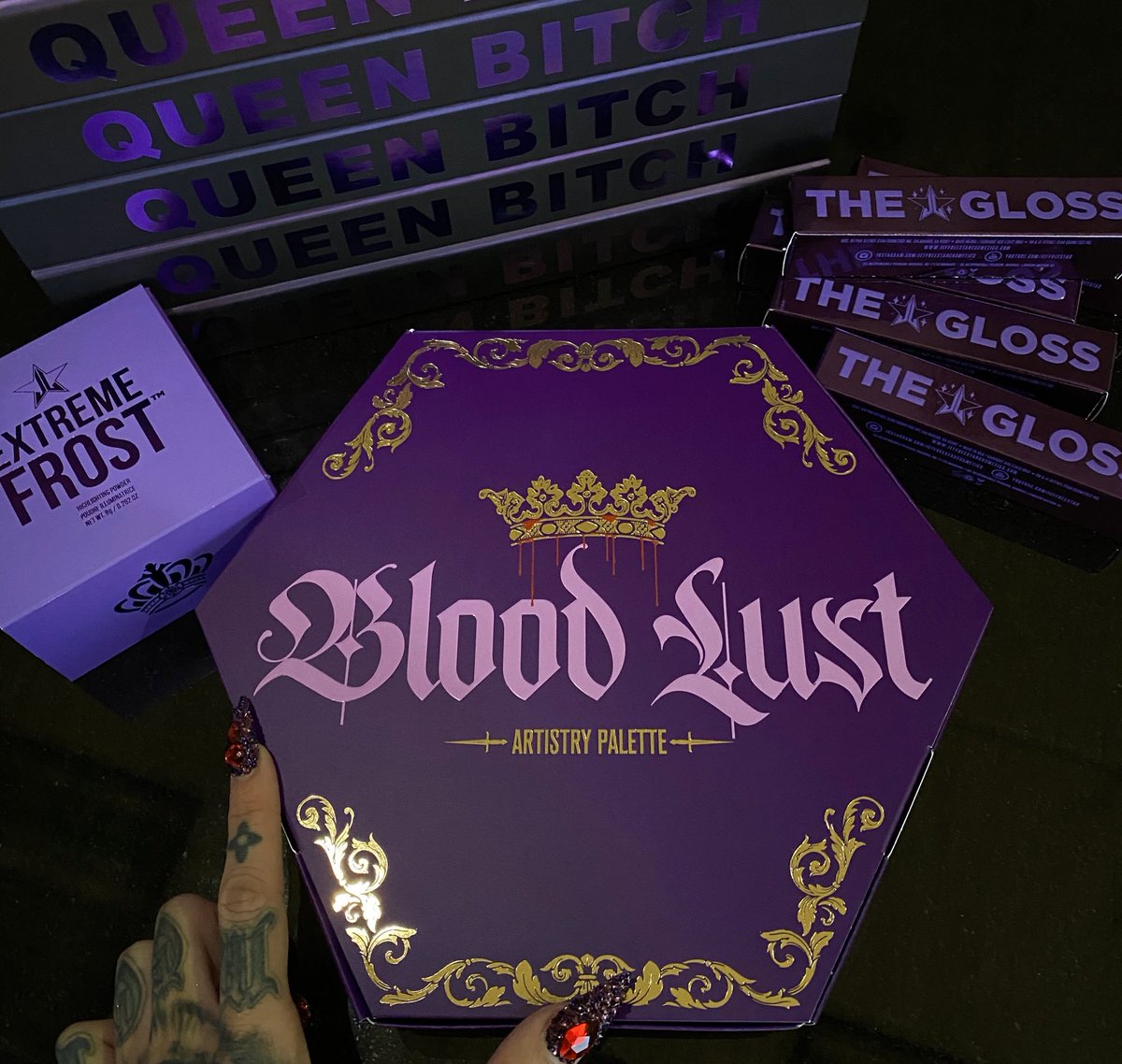 Introducing the #BLOODLUST eyeshadow palette & collection!!!! 💜🩸The 3rd installment in the world famous #jeffreestarcosmetics Blood line is jaw dropping and the FULL reveal video will be on my channel TOMORROW morning!!!! 🔪 This new iconic hexagon is a first of its kind🔥⚔️
