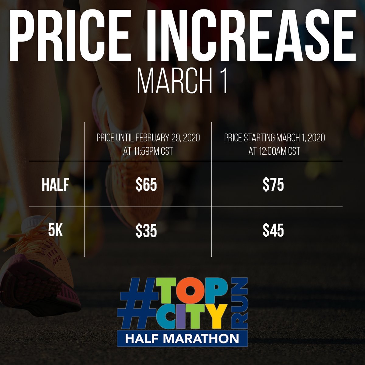 Just a heads up the prices increase on March 1. Make sure you get your registration in by February 29 to lock in that lower rate! #topcityrun
Register here: topcity.run