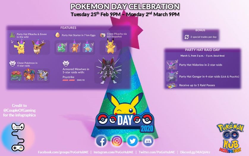 PoGONewcastle's tweet photo. POKEMON DAY CELEBRATION
Itssssss... Party hat time!!
- 2 special trades PER DAY!!
- More shinies with Party hats too
- Clone Pokemon in raids
Massive thanks to @coupleofgaming
for part of the infographic here, i liked their work ;)
#PoGoHubNE #PokemonGo https://t.co/ElRr8WG5cH