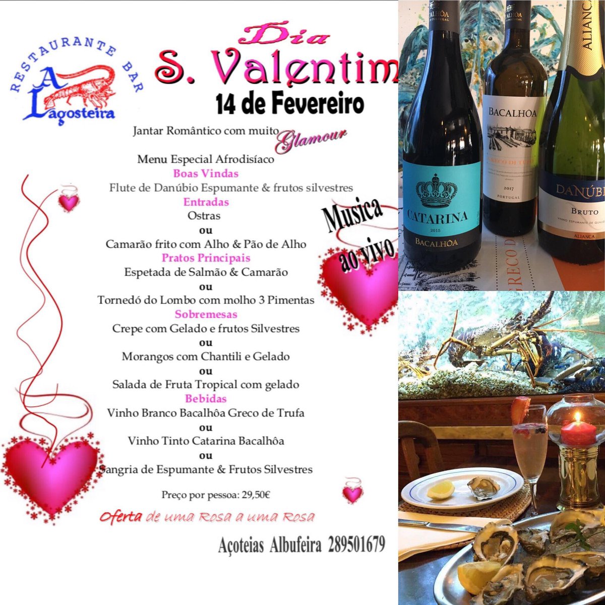 ALagosteira's tweet photo. #jantar #dia #S #Valentim #ostras #espumante #camarao #espetada #salmao #camarao #bife #lombo #sangria #muito mais https://t.co/Uf38f2d0RG
