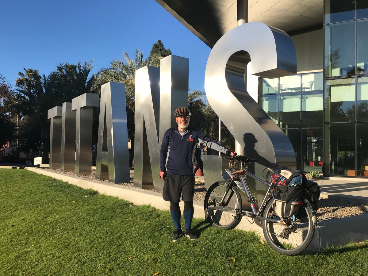 CSUFPTS's tweet photo. Meet Bill Hoese, a biology professor at @csuf. Bill has been biking to work for over 20 years and enjoys his commute along Wilshire Street in Fullerton.🚲Bill is one of the many Titans who commute alternatively to CSUF. Want more information on commuter options? Comment below! https://t.co/ZvXfCDiiHN